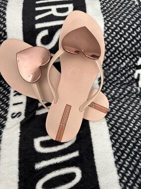 Ipanema Nude Pink Flip Flop Sandals with Rose Gold Heart Accents